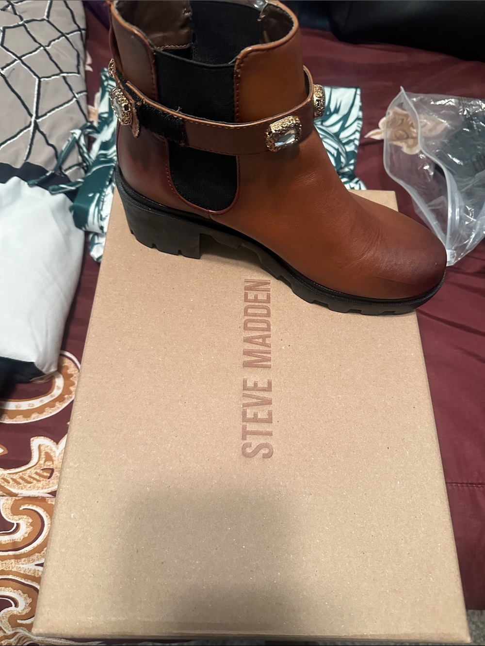 Steve Madden Cognac Leather Ankle Boot with Decorative Gold Accents
